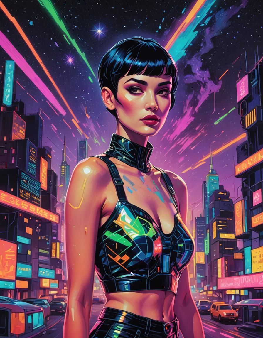 Black hair. Pixie haircut. Leggy. Bare midriff. Large nose. ...