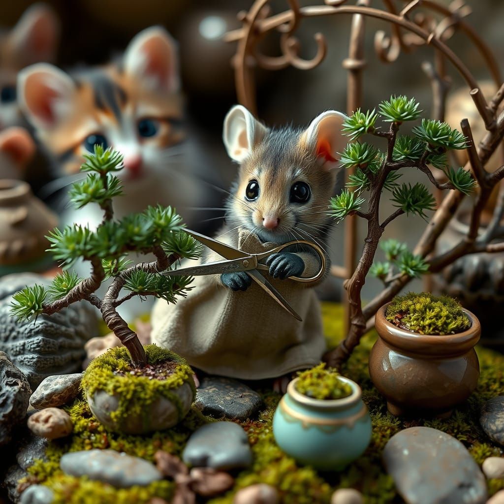 Meticulous Mouse Tends Whimsical Bonsai Garden