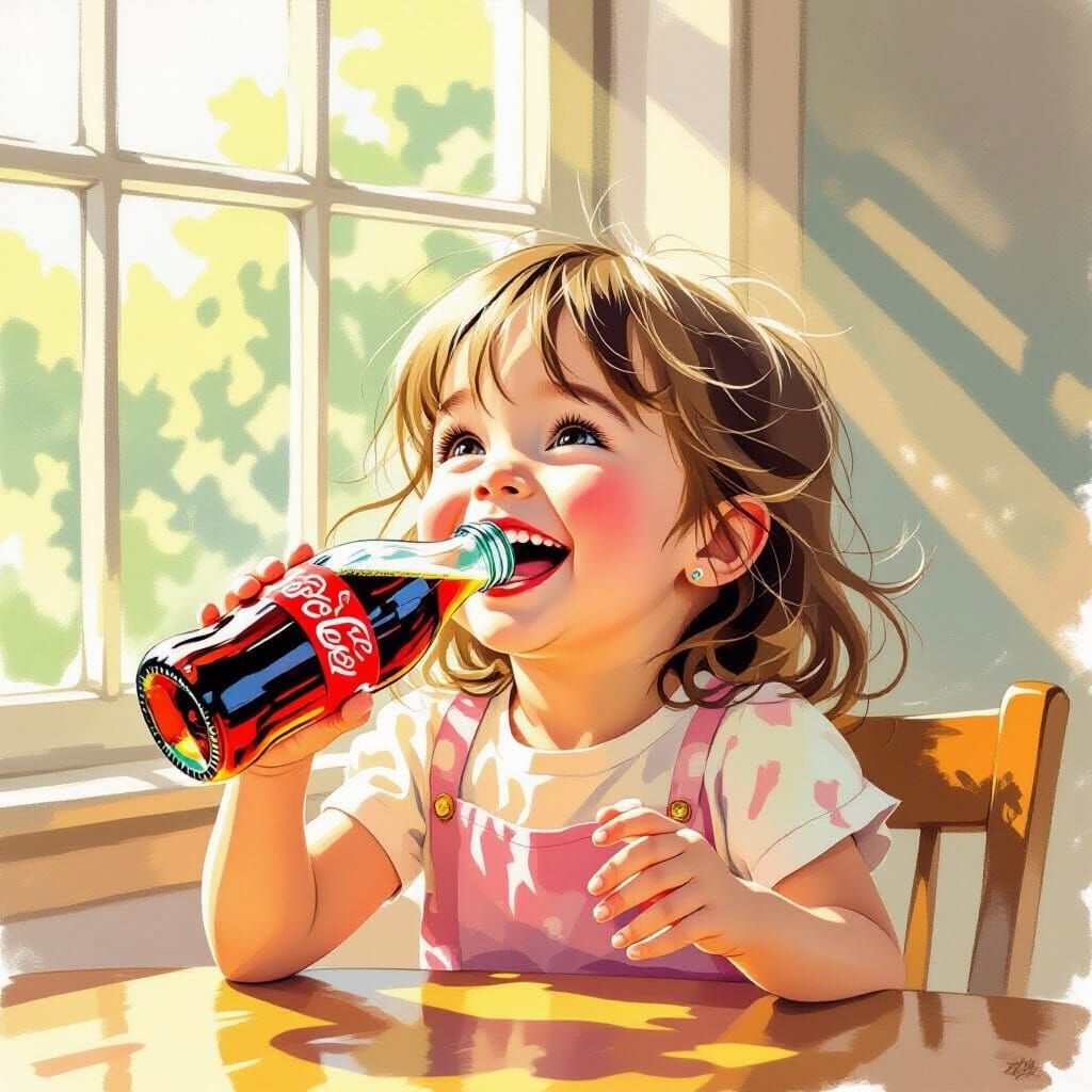 Joyful Girl Drinks Coca-Cola in Whimsical Illustration Style