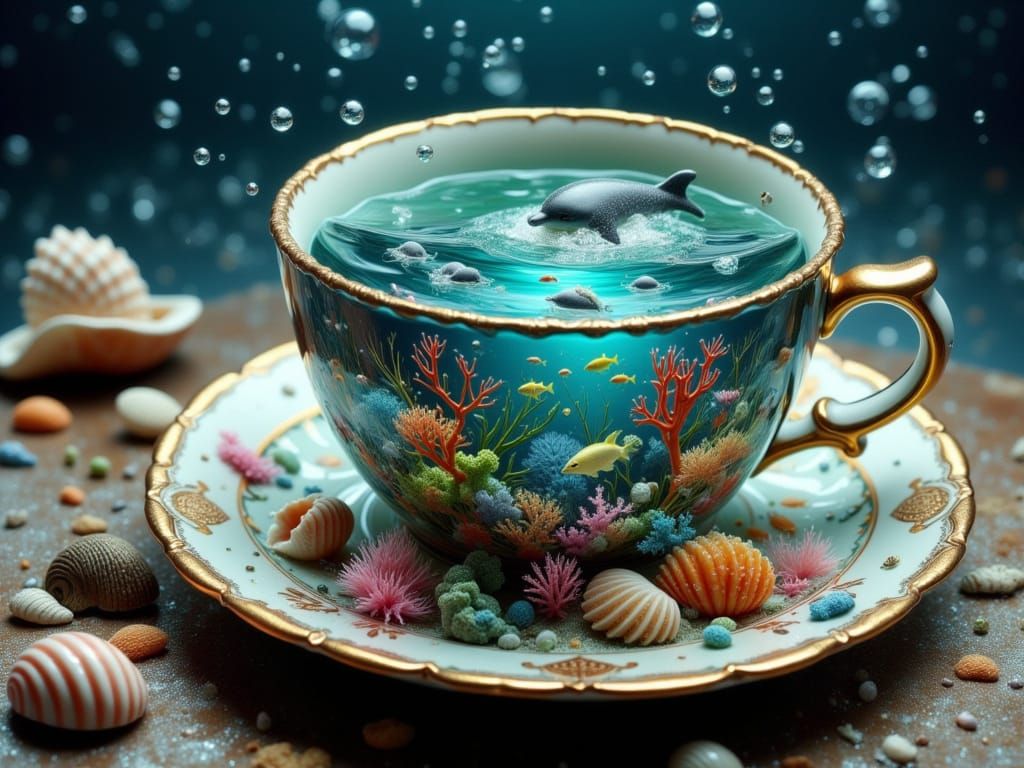 Whimsical Teacup Fantasy with Dolphin and Underwater Kingdom