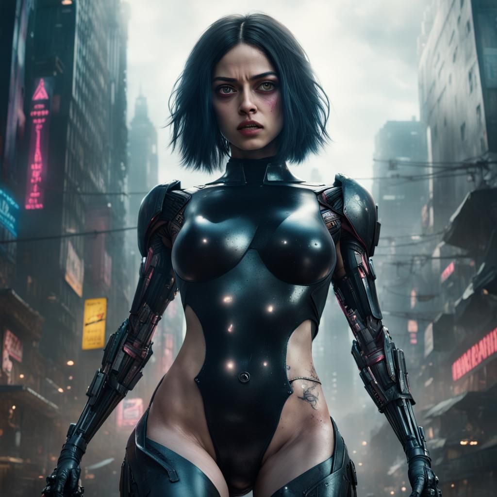 Cyberpunk Cyborg Warrior Attacks in Neon City