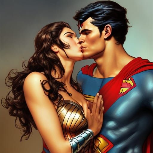 Super Man and Wonder Woman Kissing Portrait