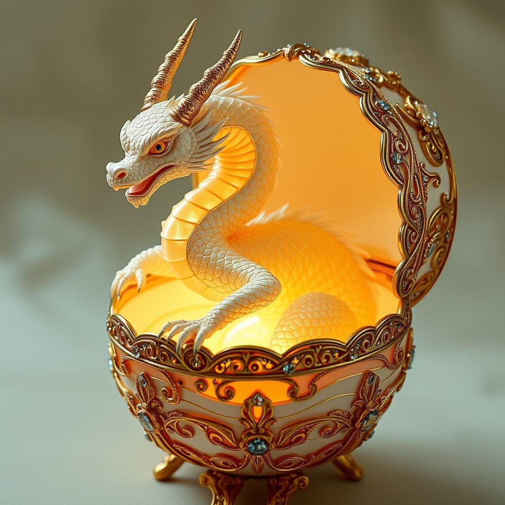 Majestic White and Gold Dragon Emerges from Faberge Egg in G...