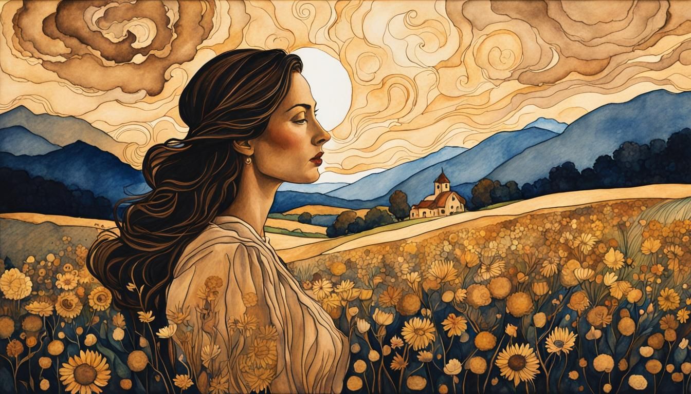 Coffee Stain Woman Sketch in Van Gogh Style