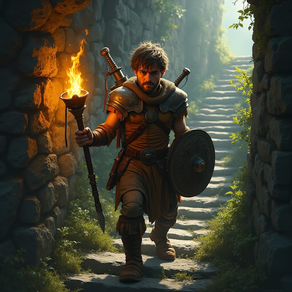 Young Warrior Descends into Darkness with Torch