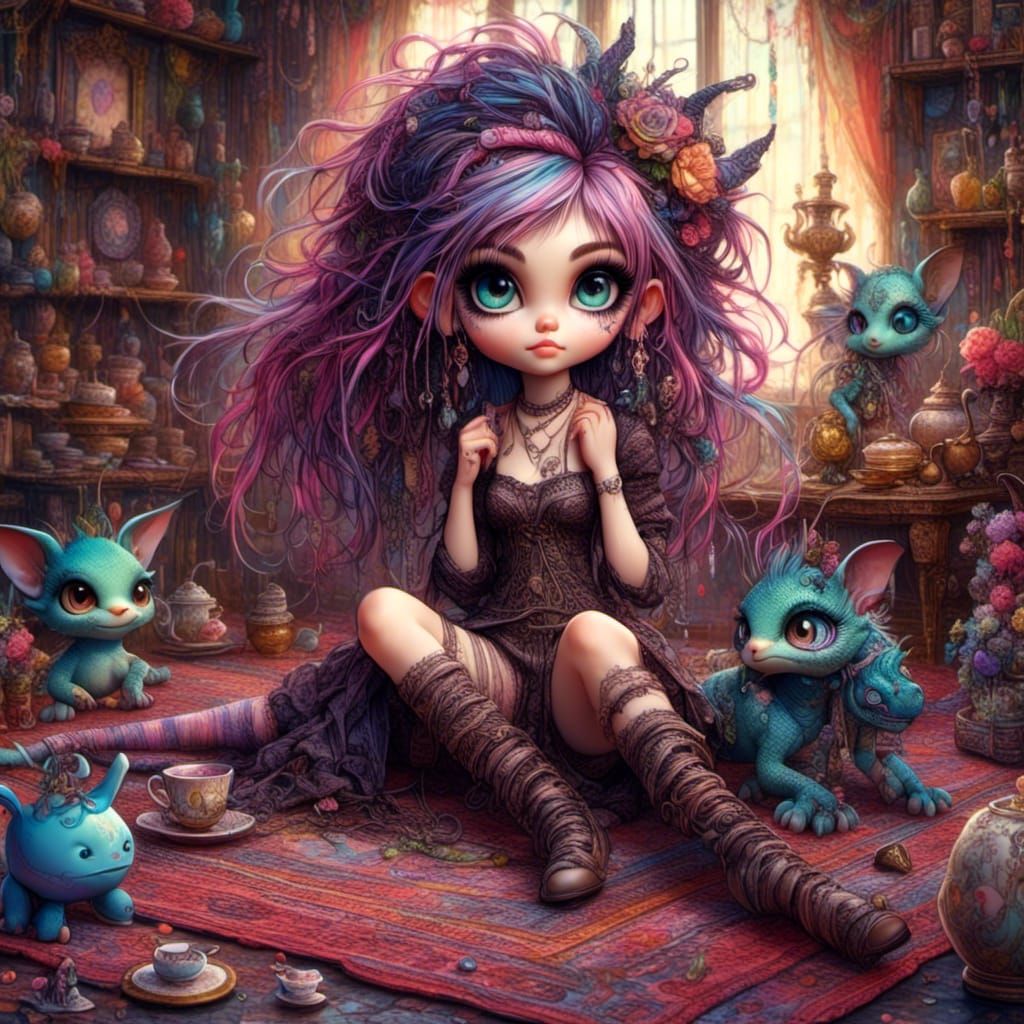 Punky Girl's Tea Party with Dragon, Intricate Art