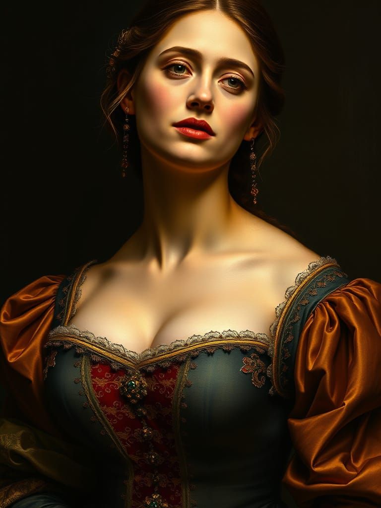 Renaissance noblewoman , smiling slightly, painted by carravagio