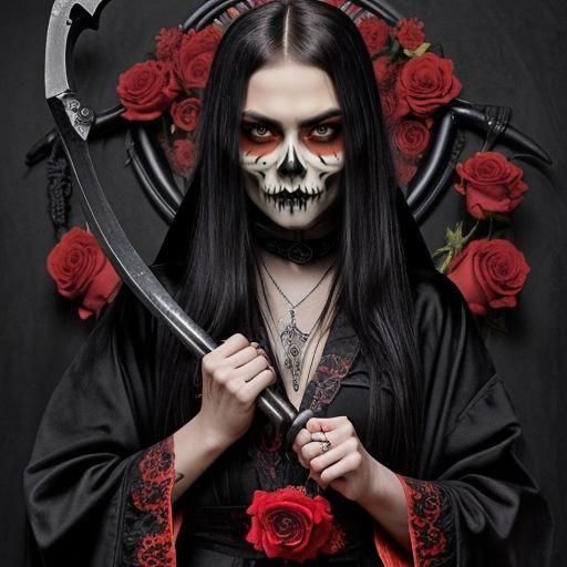 Beautiful Reaper with Scythe in Gothic Setting