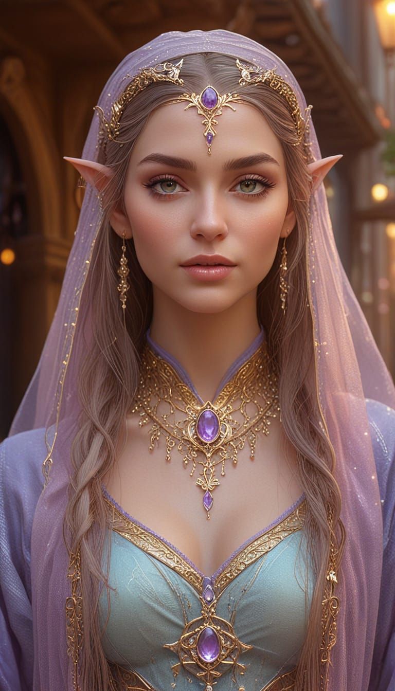 Mystical Elven Woman at Sunrise: Digital Illustration