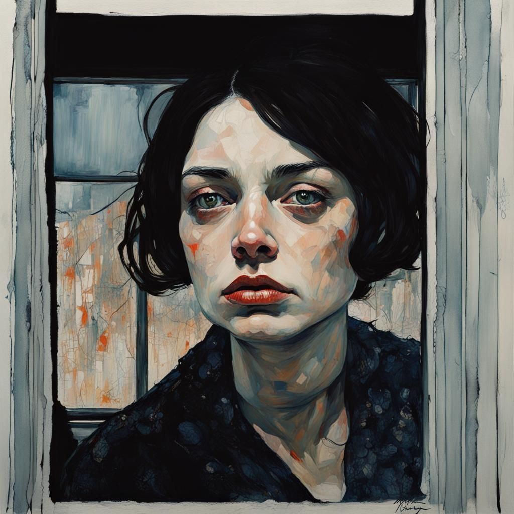 Melancholy Woman Gazing, in Folk Art Style