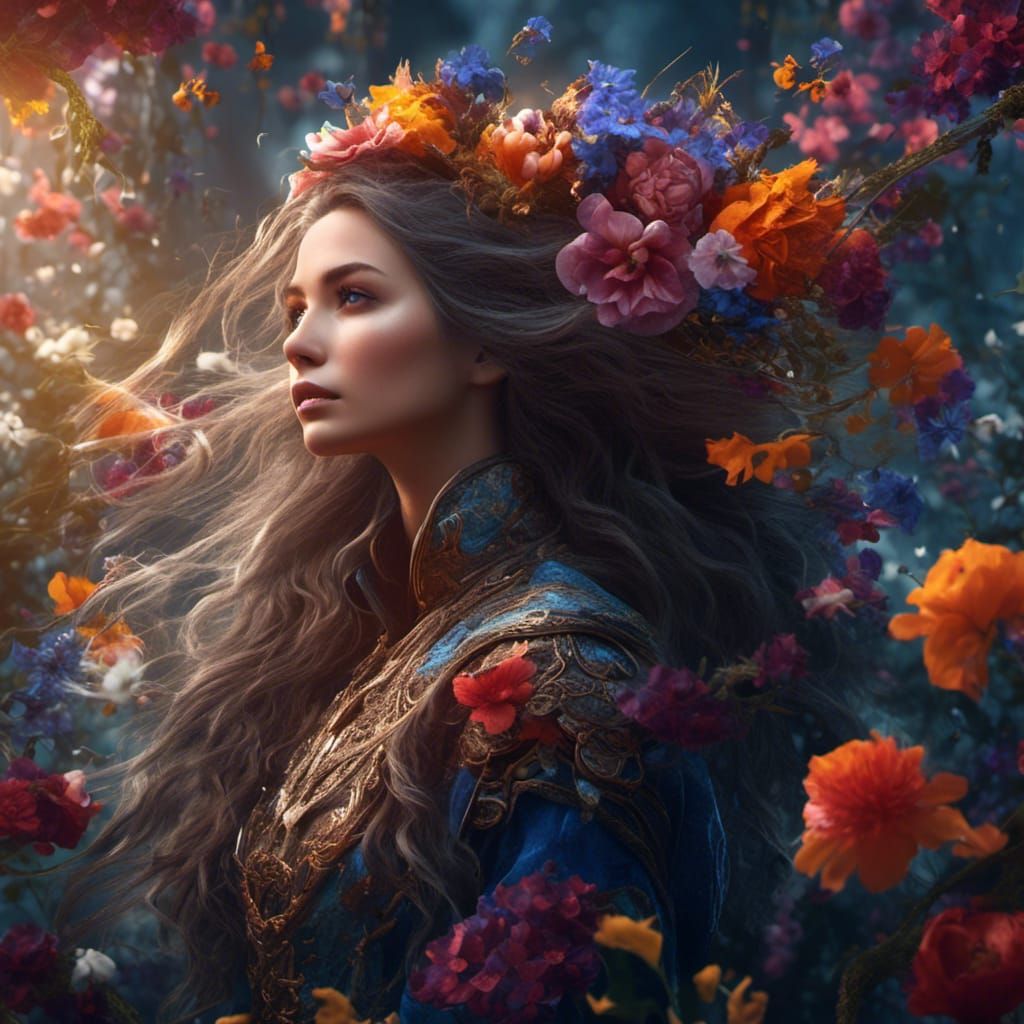 Floral Adorned Woman: Detailed Fantasy Concept Art