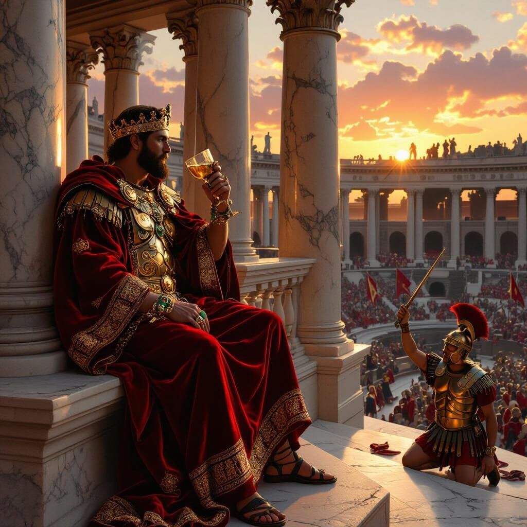 King on Roman Balcony at Sunset, Ivan Shishkin Style