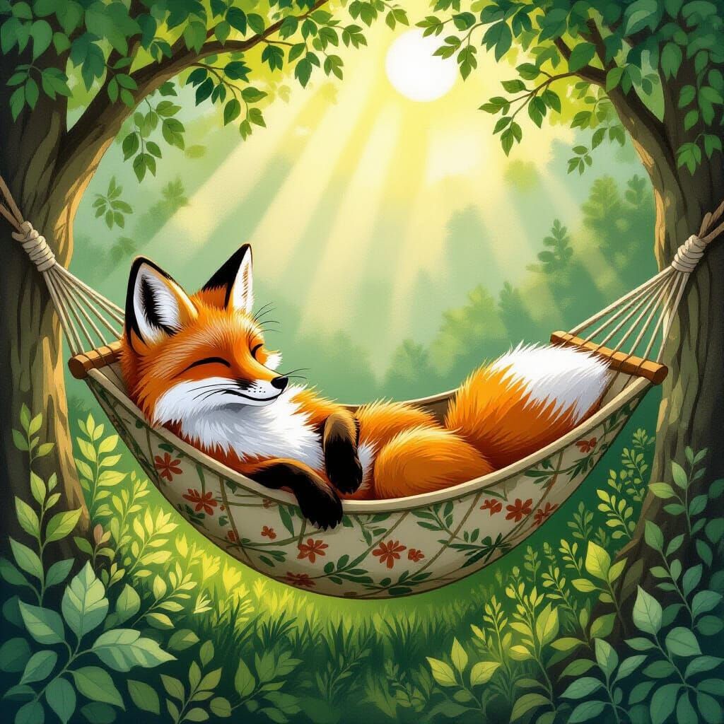 Fox Lounging in Hammock as Storybook Illustration