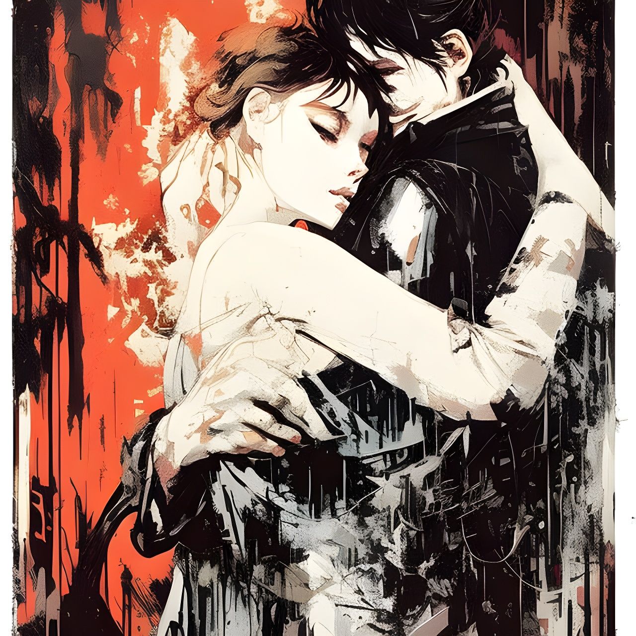 Lovers Embrace in Expressive Black and White Painting