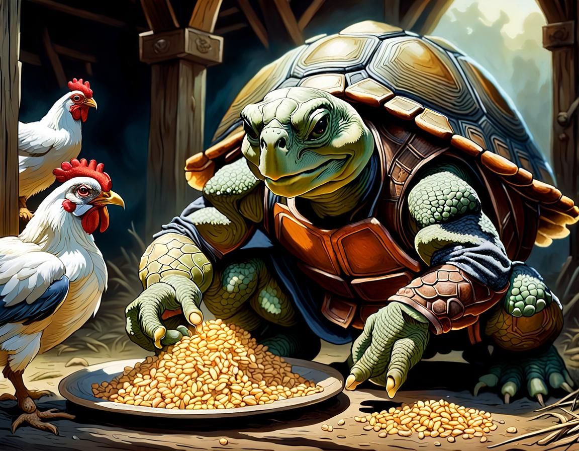 Anthropomorphic Turtle Peasant Feeding Chickens