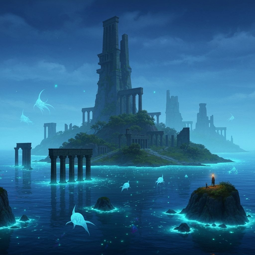 Mystical Island Ruins in Bioluminescent Sea