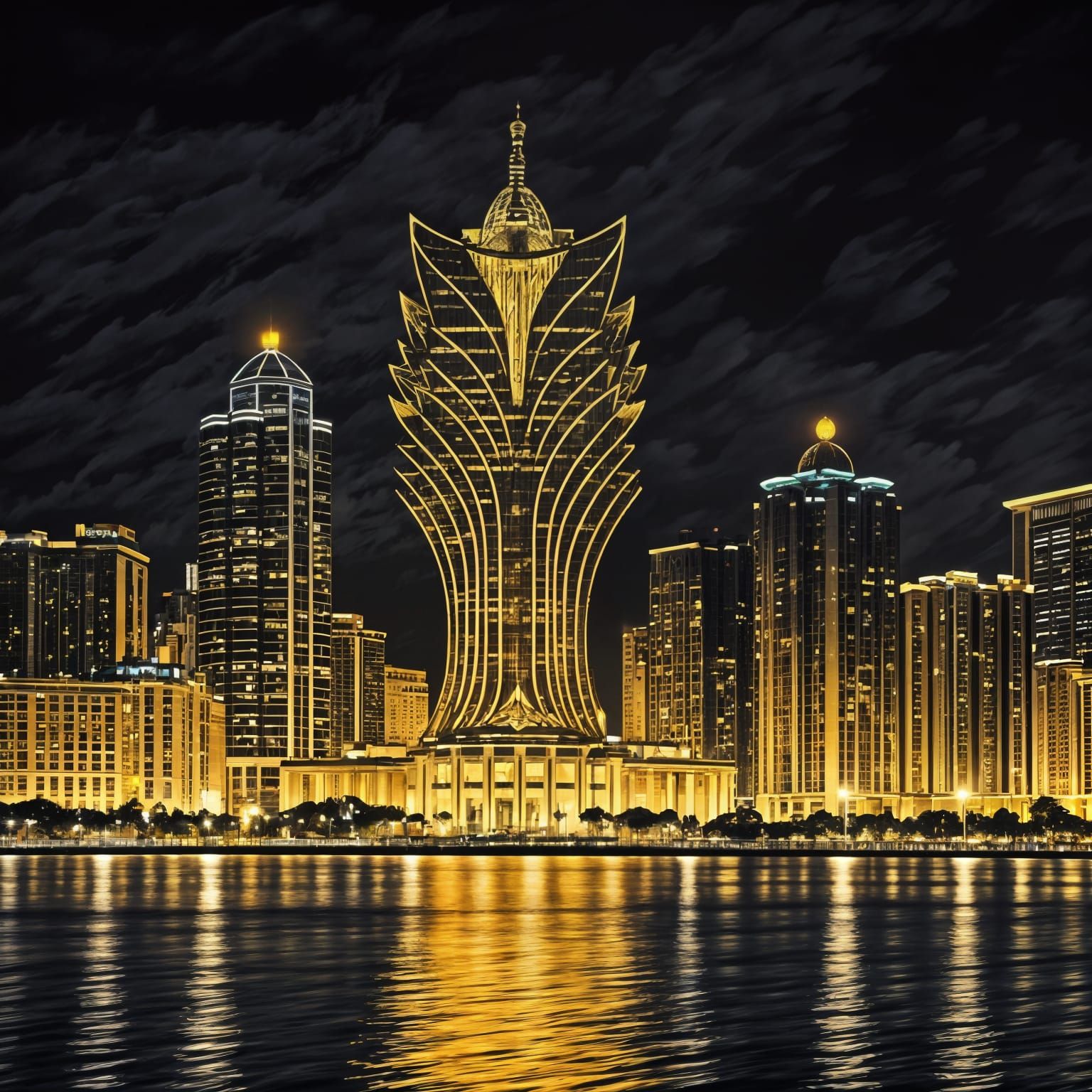 Macau Skyline at Night in Charcoal and Gold