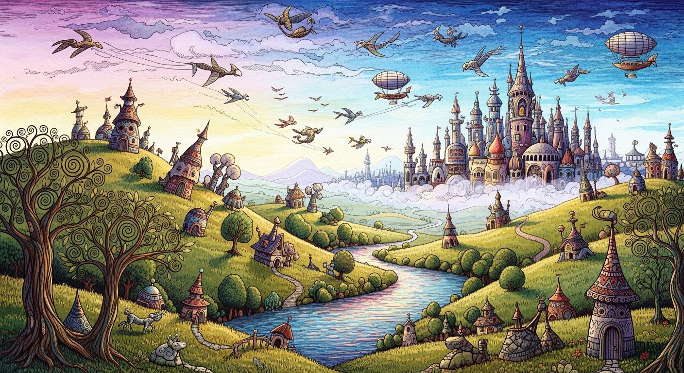 Fantastical Landscape with Whimsical Structures and River
