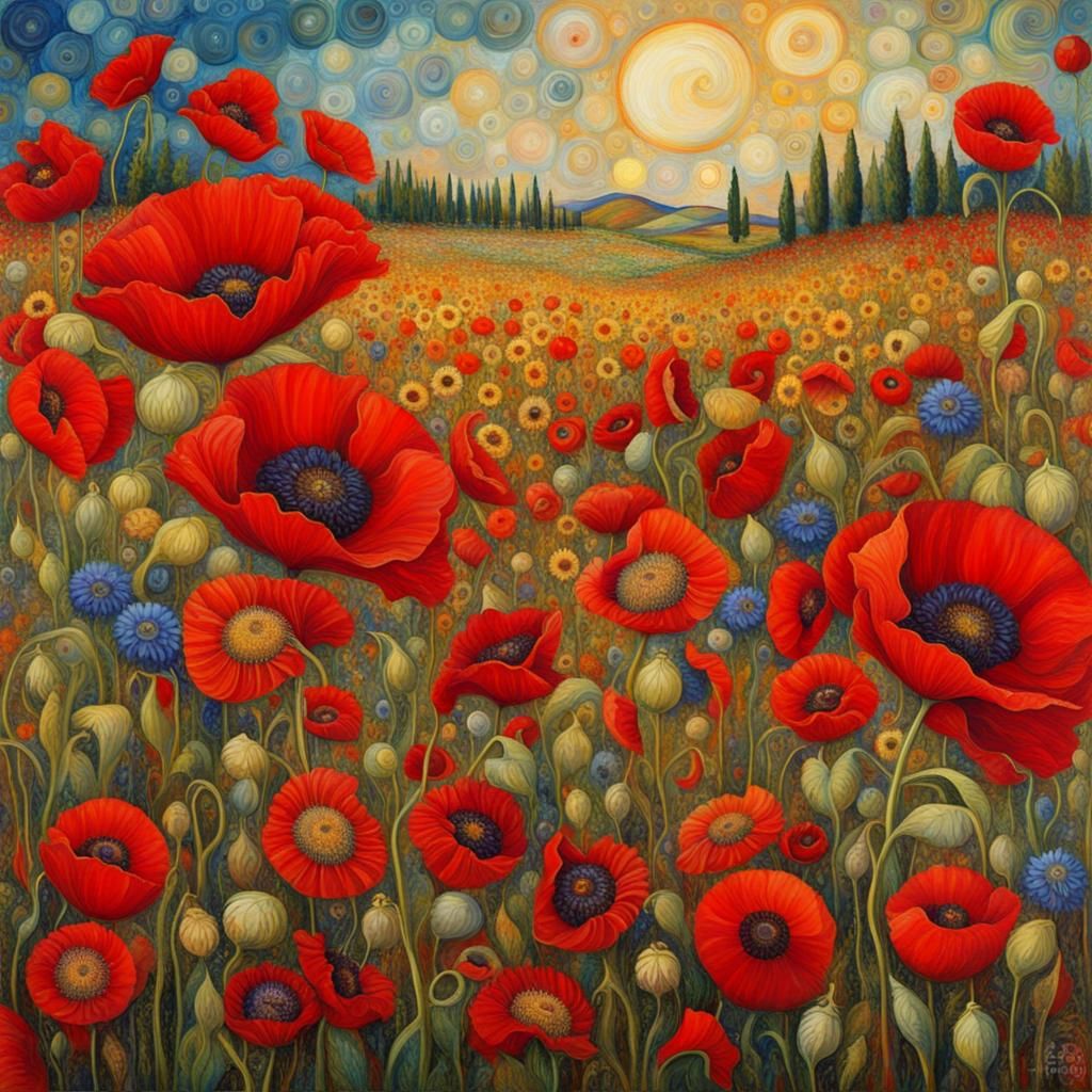 Poppy and Sunflower Meadow in Art Nouveau Style