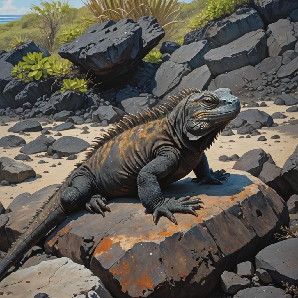 Marine Iguana Galapagos Islands: Oil Painting
