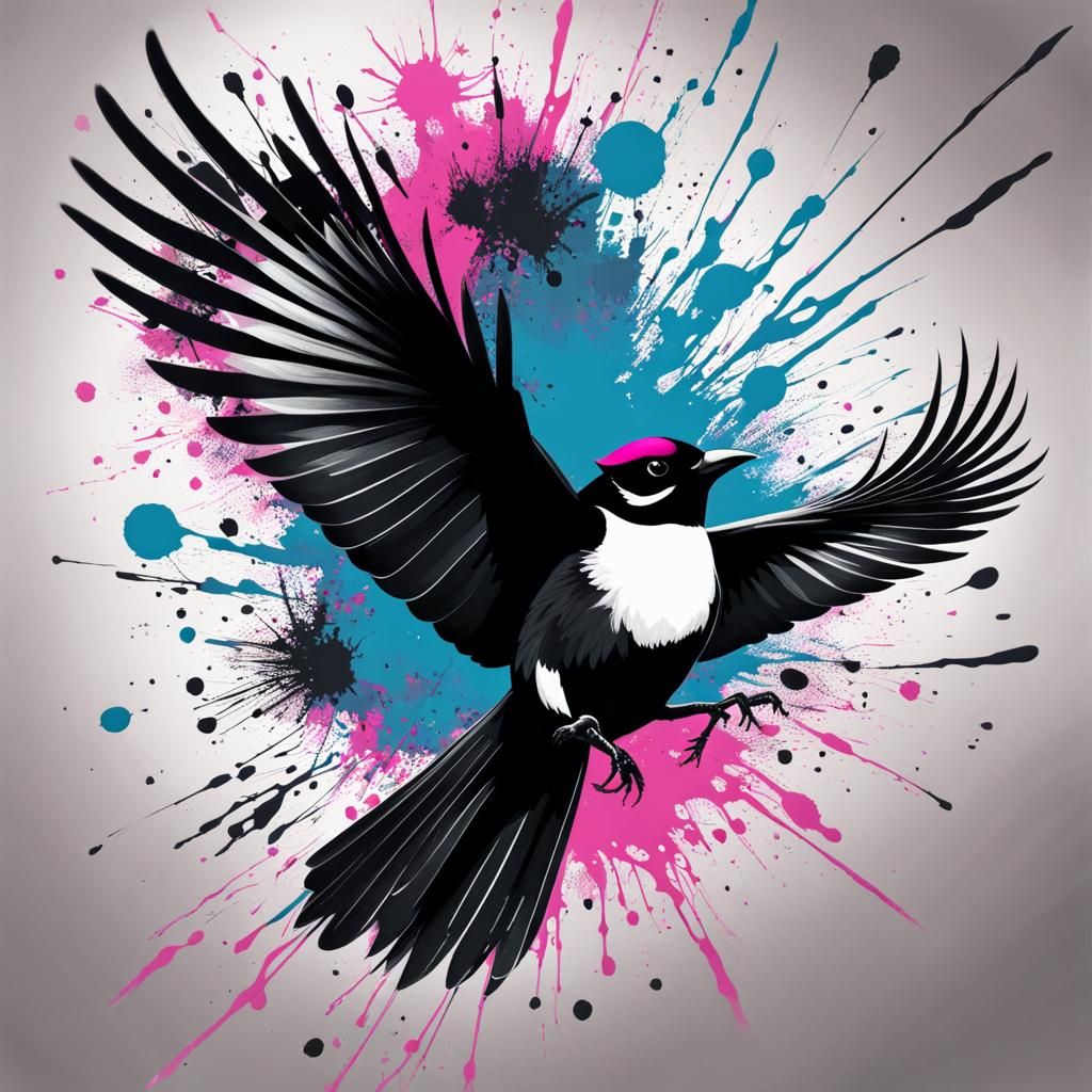 Swirling Oriental Magpie in Pink and Black Ink