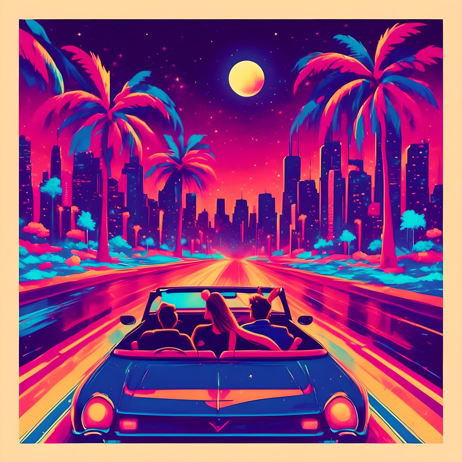 Chicago Night Drive in Retro Psychedelic Style