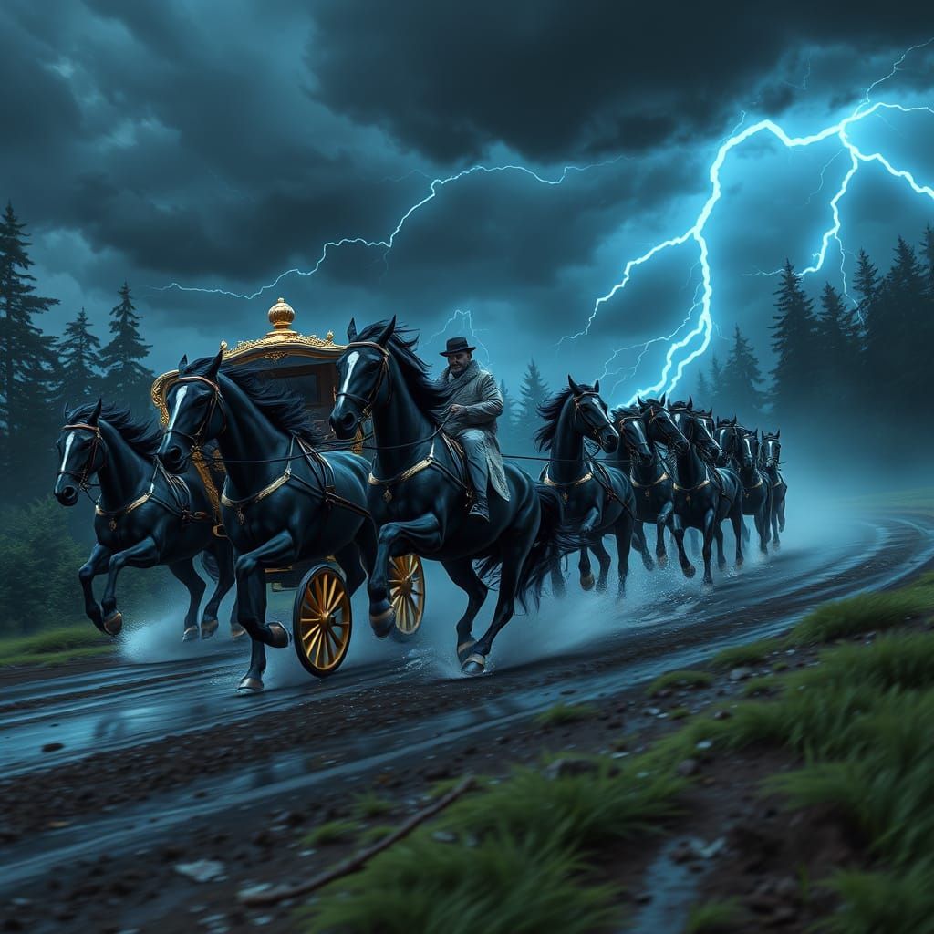 Majestic Carriage Speeds Through Turbulent Stormy Night