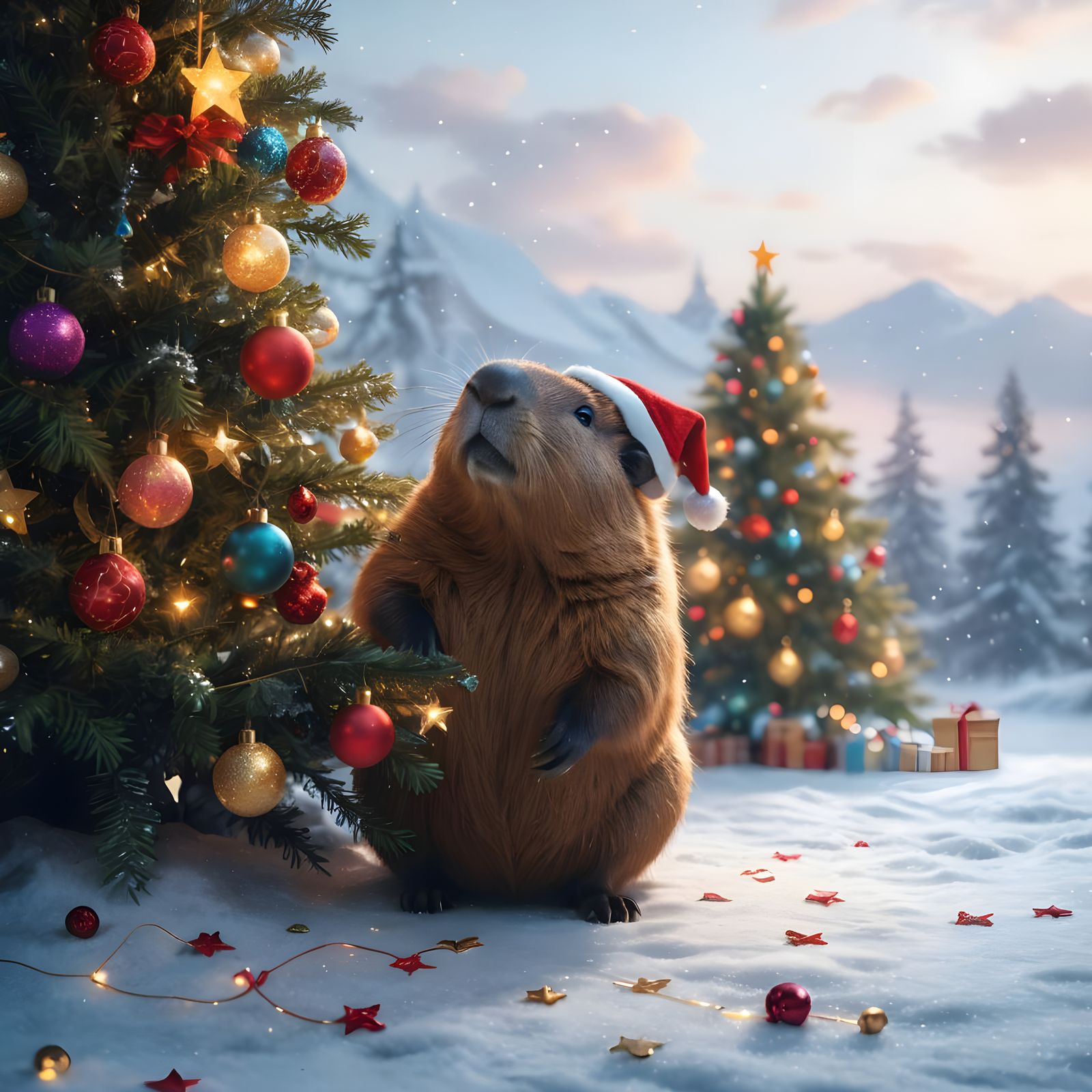 Festive Capybara Christmas Preparation: Detailed Digital Pai...