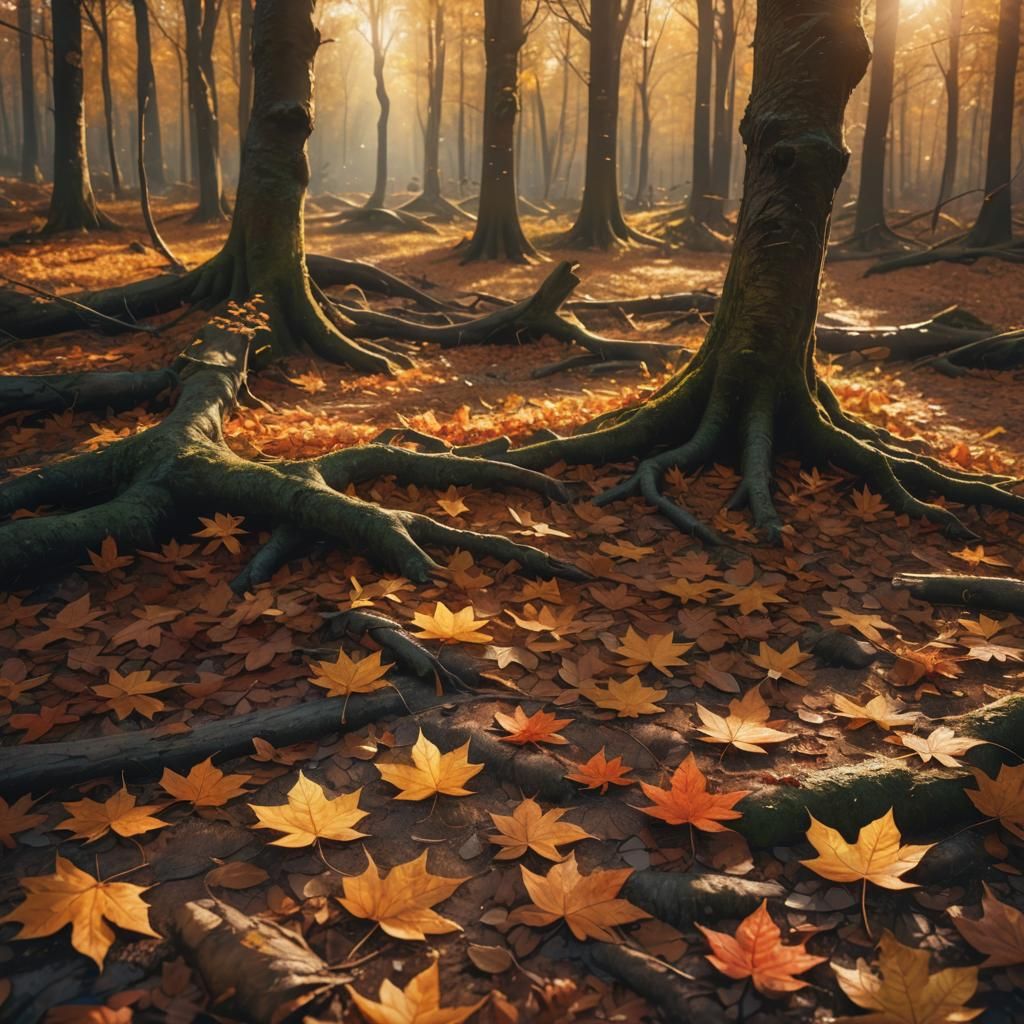 Sunlit Autumn Leaves on Forest Floor