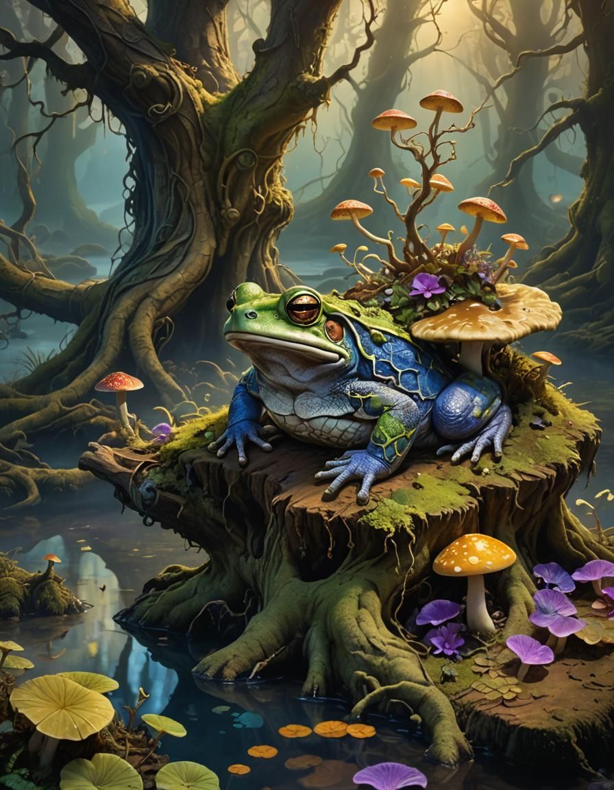 Mystical Toad Overlooking Water Hole in Dreamlike Environmen...