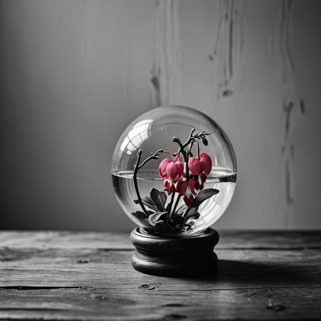 Bleeding Hearts in Glass Orb: Black and White Portrait