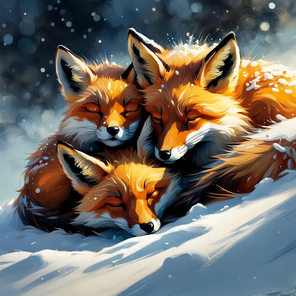 Fox Cuddle Pile in Blizzard, Detailed Matte Painting