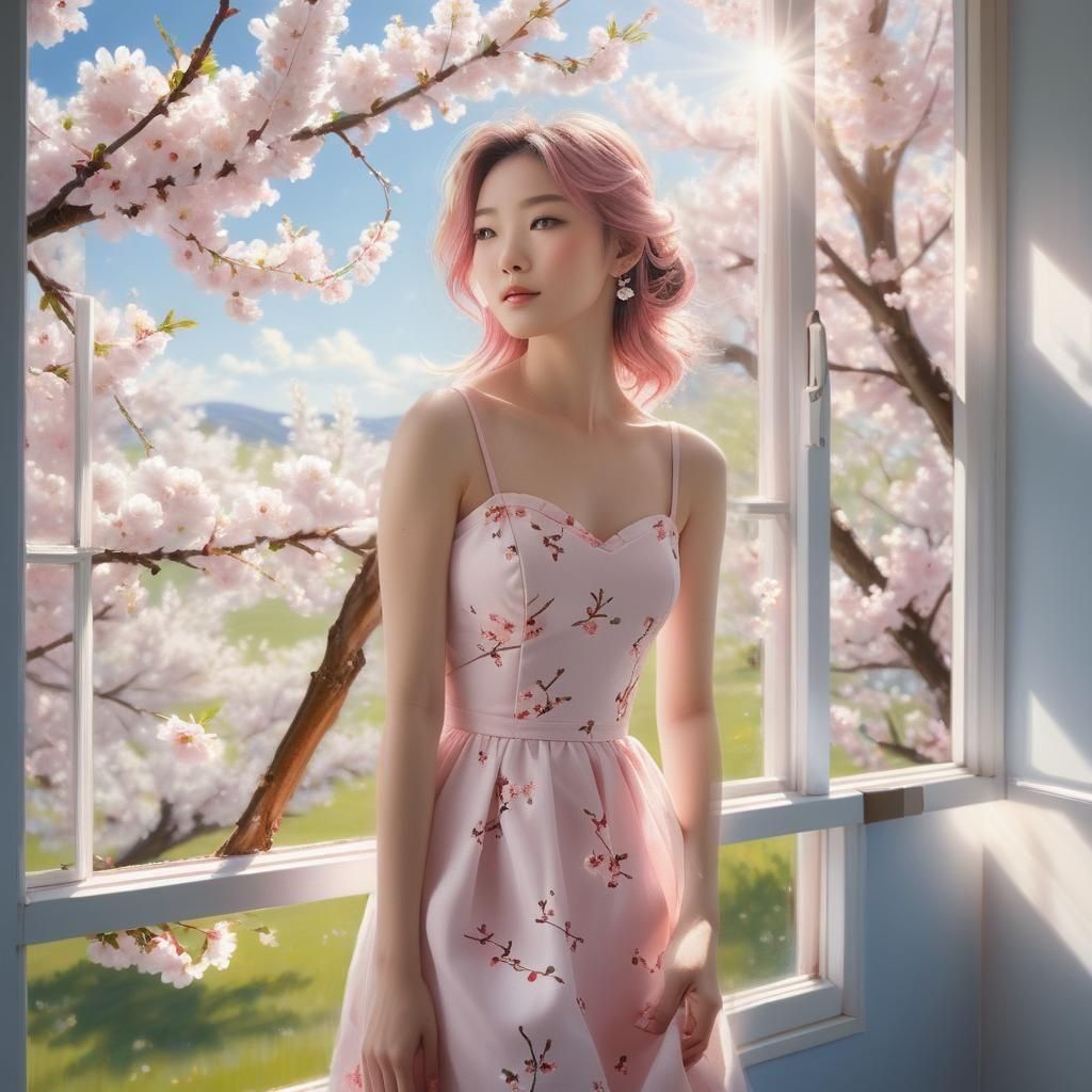 Hyperrealistic Cherry Blossom Field Through Window