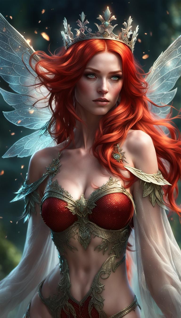 Red-Haired Fairy Portrait with Crown in Ethereal Style