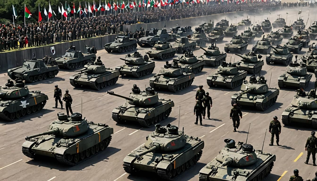 Guerra moderna entre bandera de México
con soldados tanques y aviones de última generación