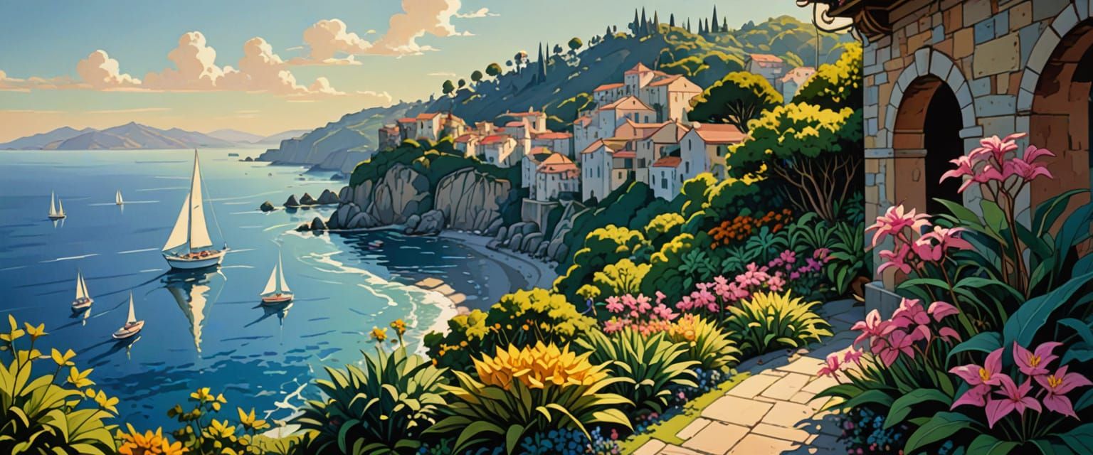 Seaside Vista with Geometric Bridges in Comic Book Style