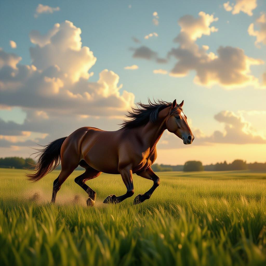 Horse Galloping in Lush Meadow with Dramatic Lighting