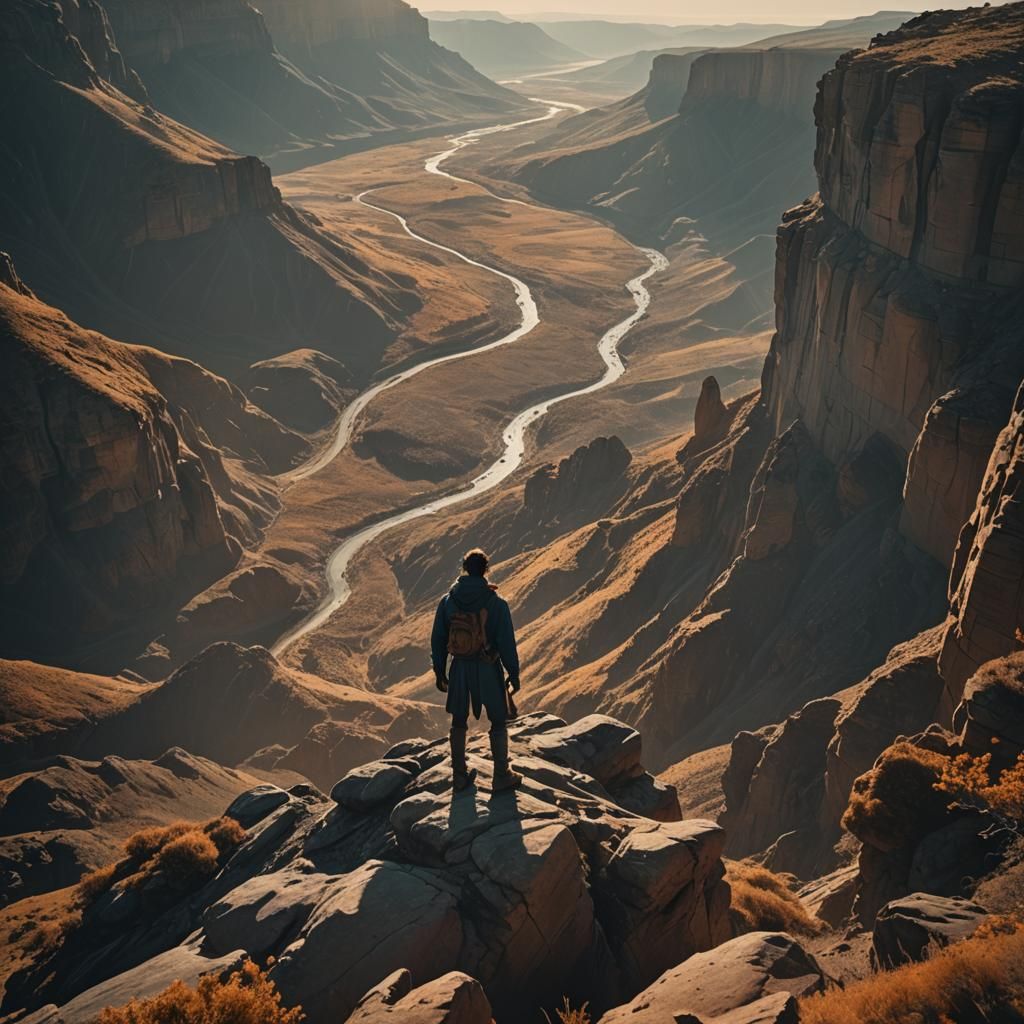 Dramatic Figure Overlooking Rugged Landscape: Cinematic Film...