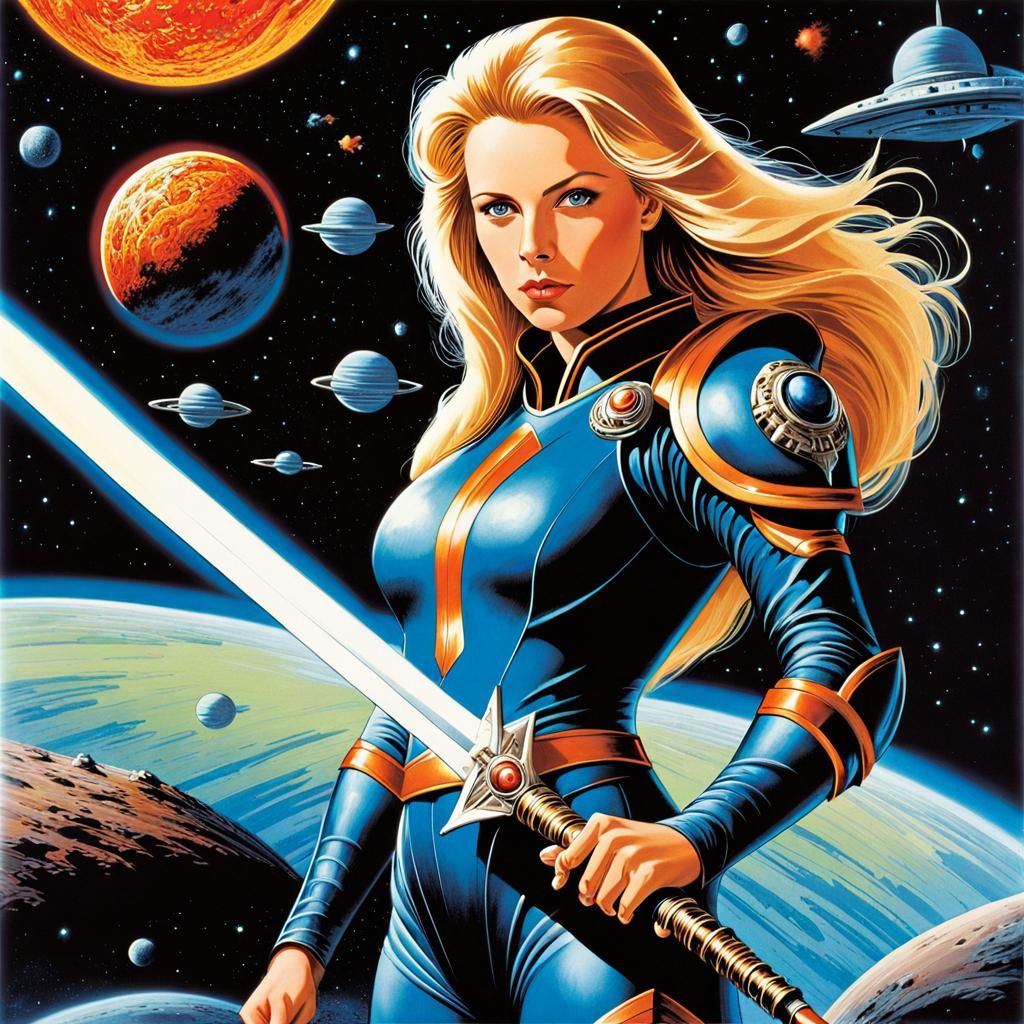 Blonde Space Warrior in Retrofuturist Sci-Fi World