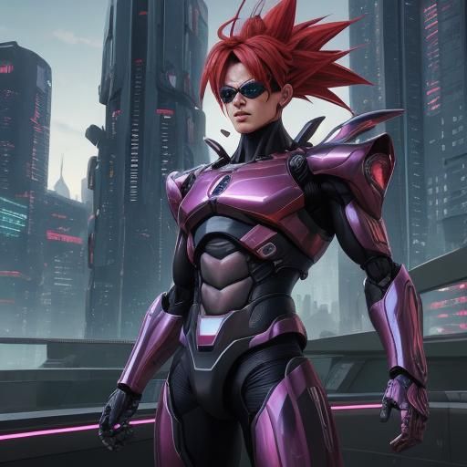 Robotic Goku in Sci-Fi Cityscape: Digital Art