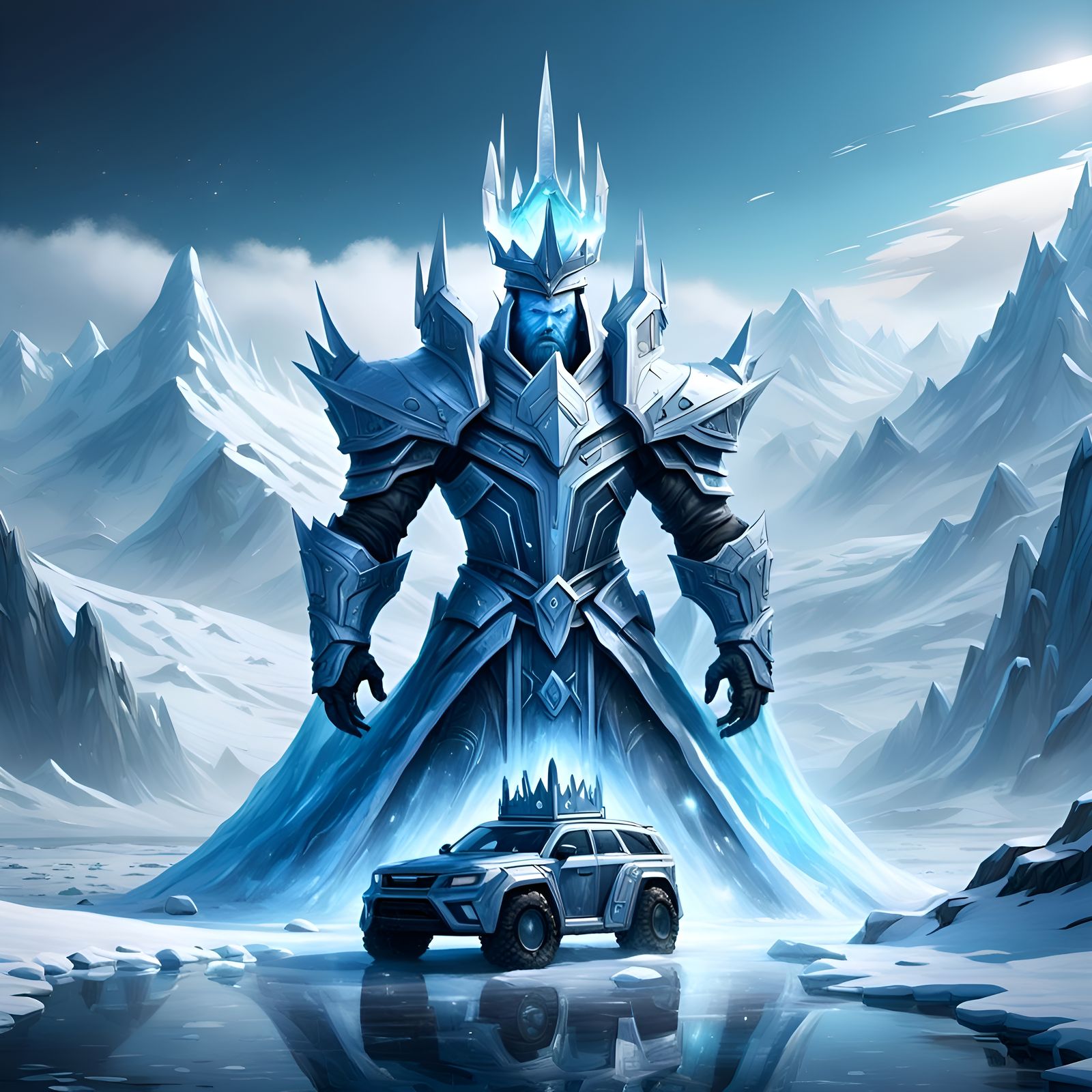 Ice Wizard with Futuristic Background, Dark Fantasy Art