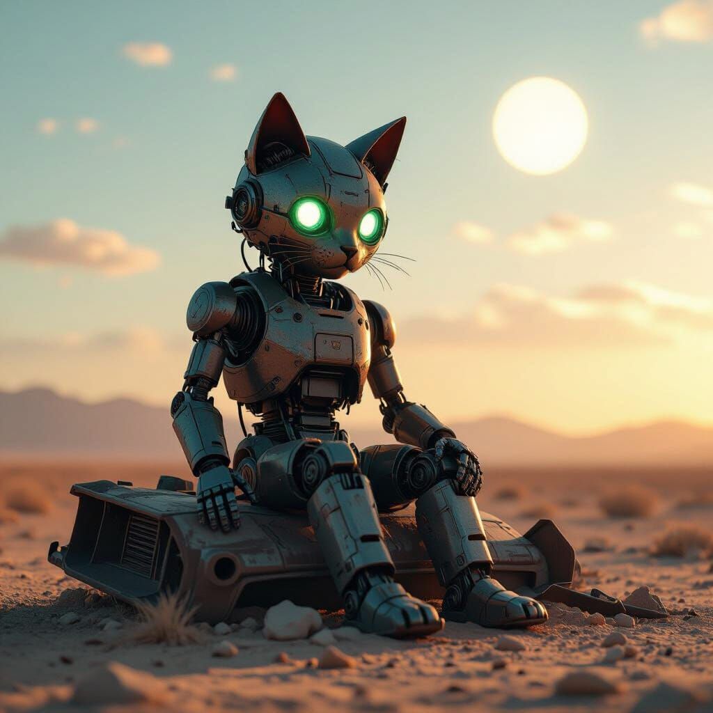 Robot Cat on Scrap Heap: Cyberpunk Film Still