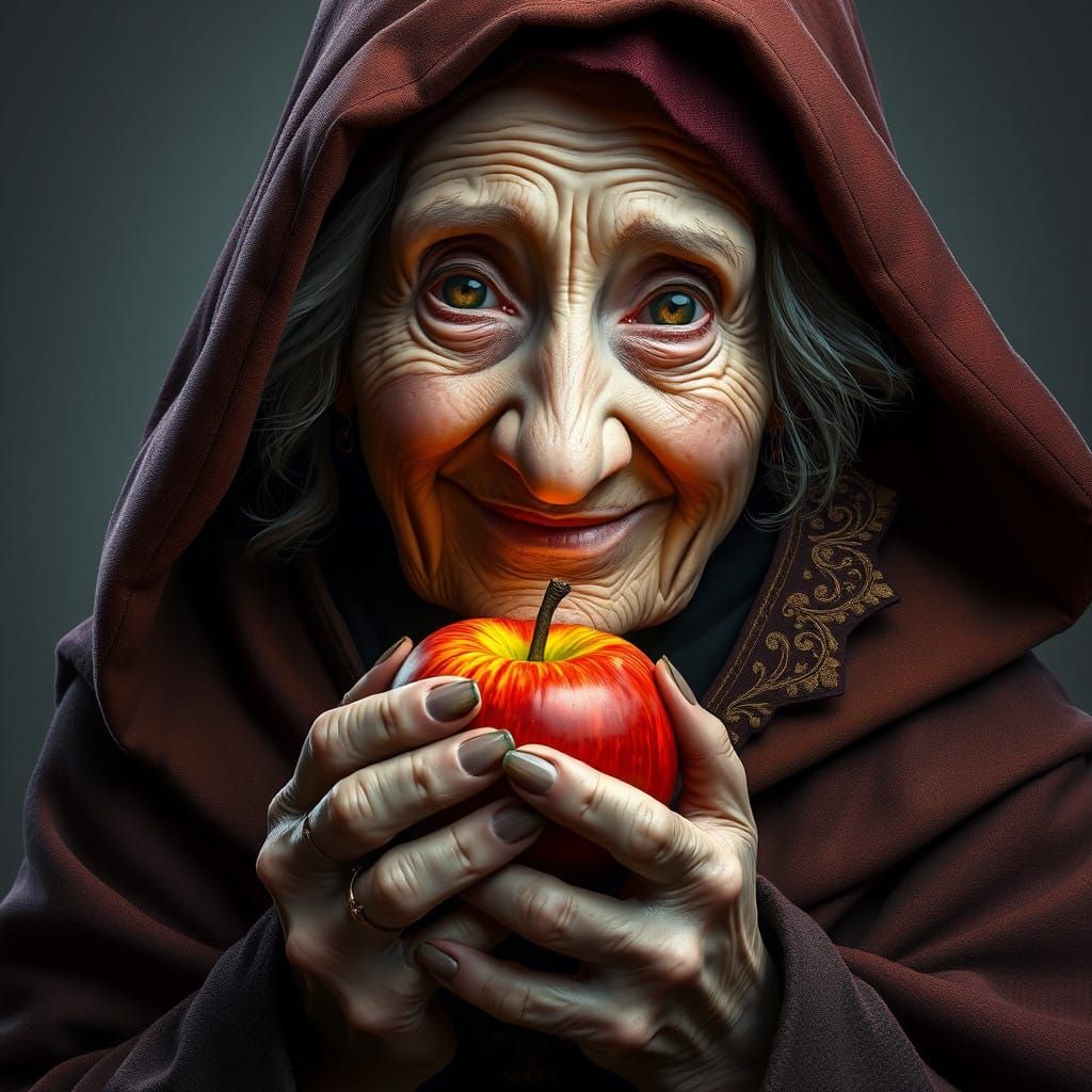 Warmly Smiling Elderly Witch Holding a Vibrant Red Apple