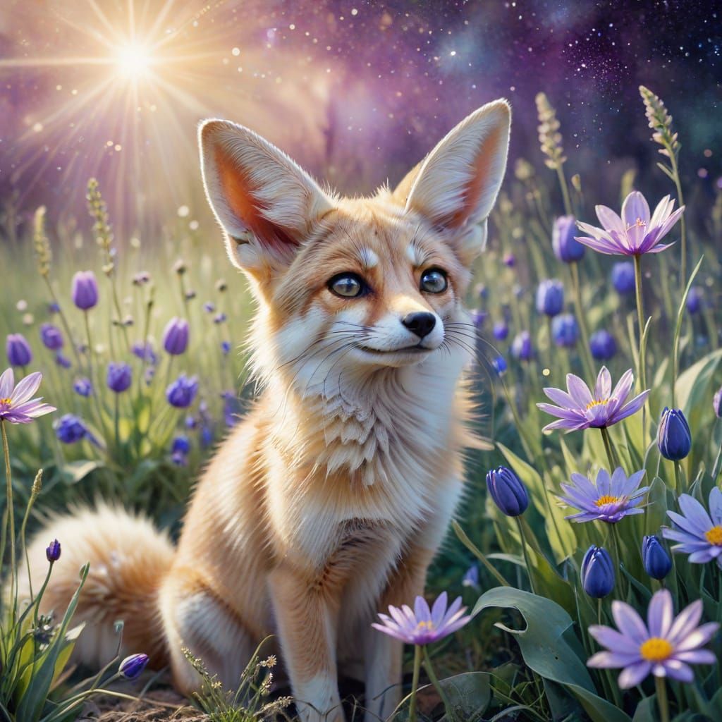 Fennec Fox Gazes at Starbursts in Watercolour Meadow