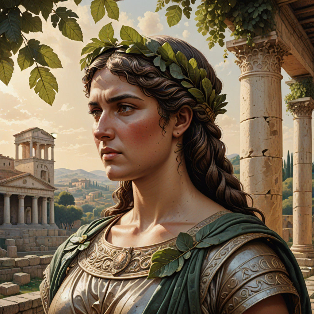 Ancient Roman Woman in Classical Tunic and Laurel Adorned Ha...