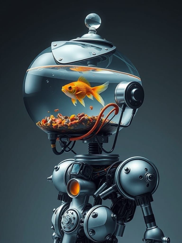 Cyborg Gentleman Robot with a Goldfish in a Fishbowl Head