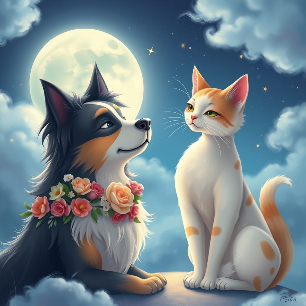 Ethereal Dog Serenades Enchanted Cat in Dreamy Moonlit Scene