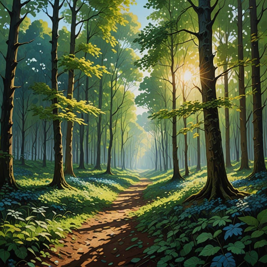 Vibrant Forest Landscape in Impasto Oil Painting