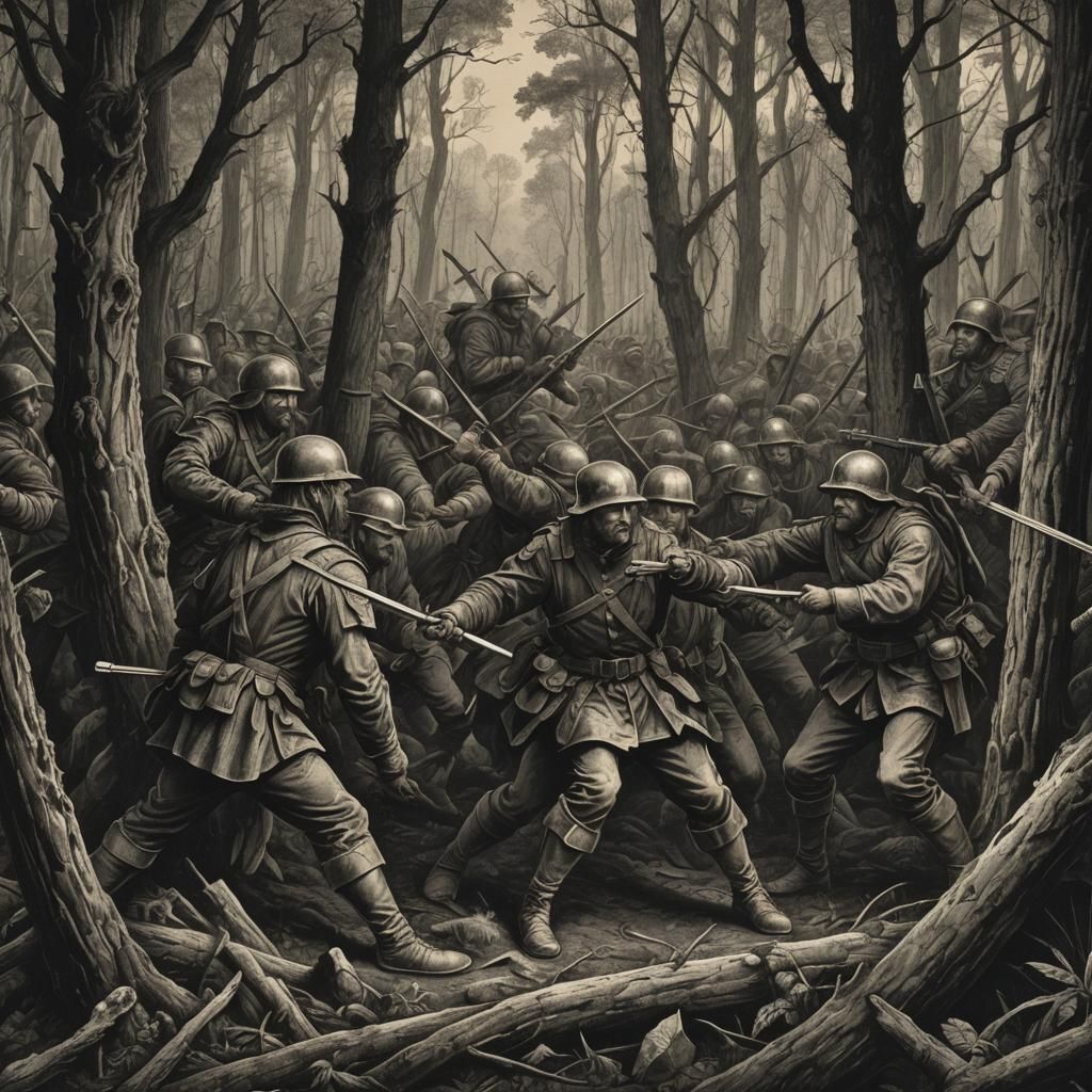 Intense Forest Battle Engraving in Doré Style