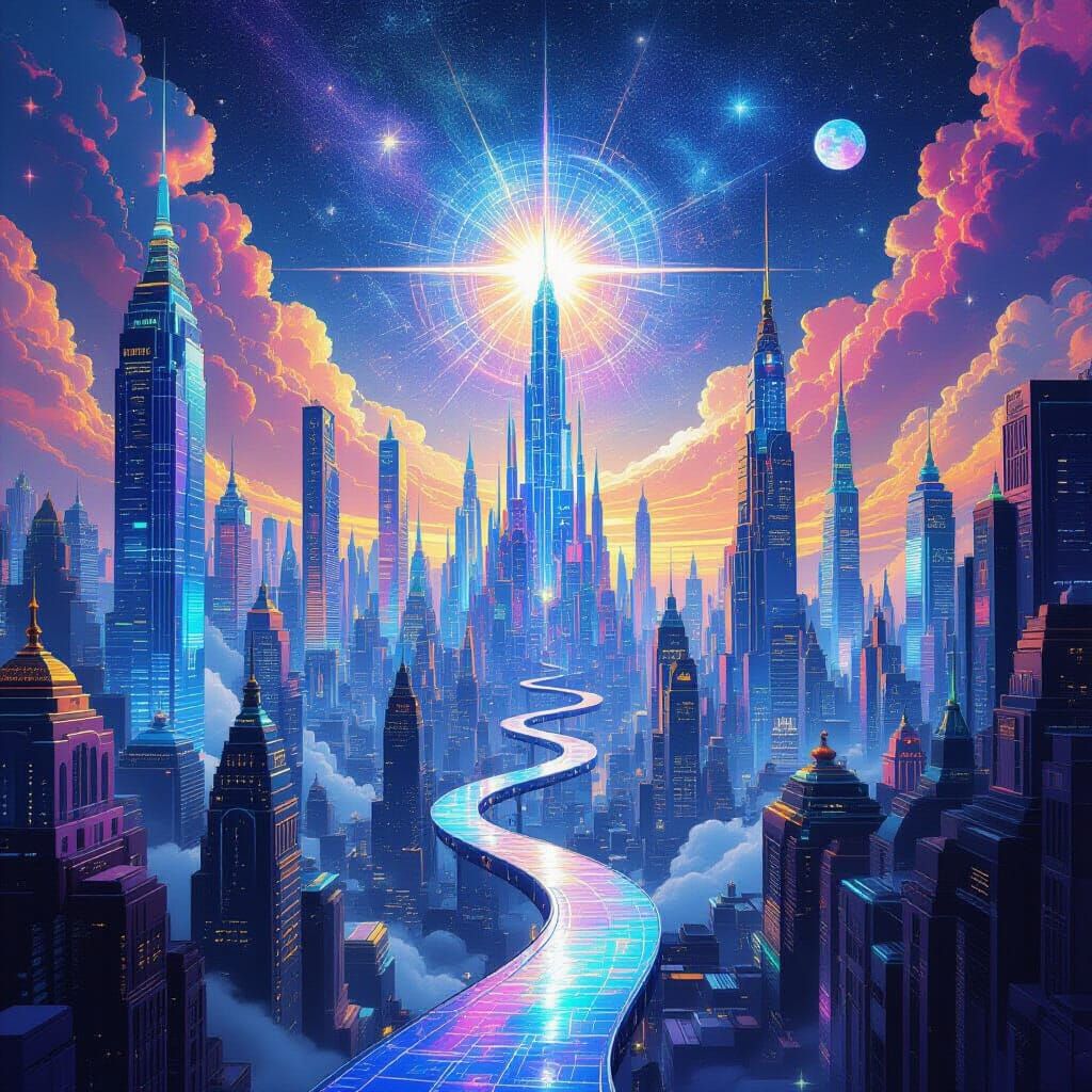 Holographic Cityscape: Futuristic Cosmic Astral Illustration...